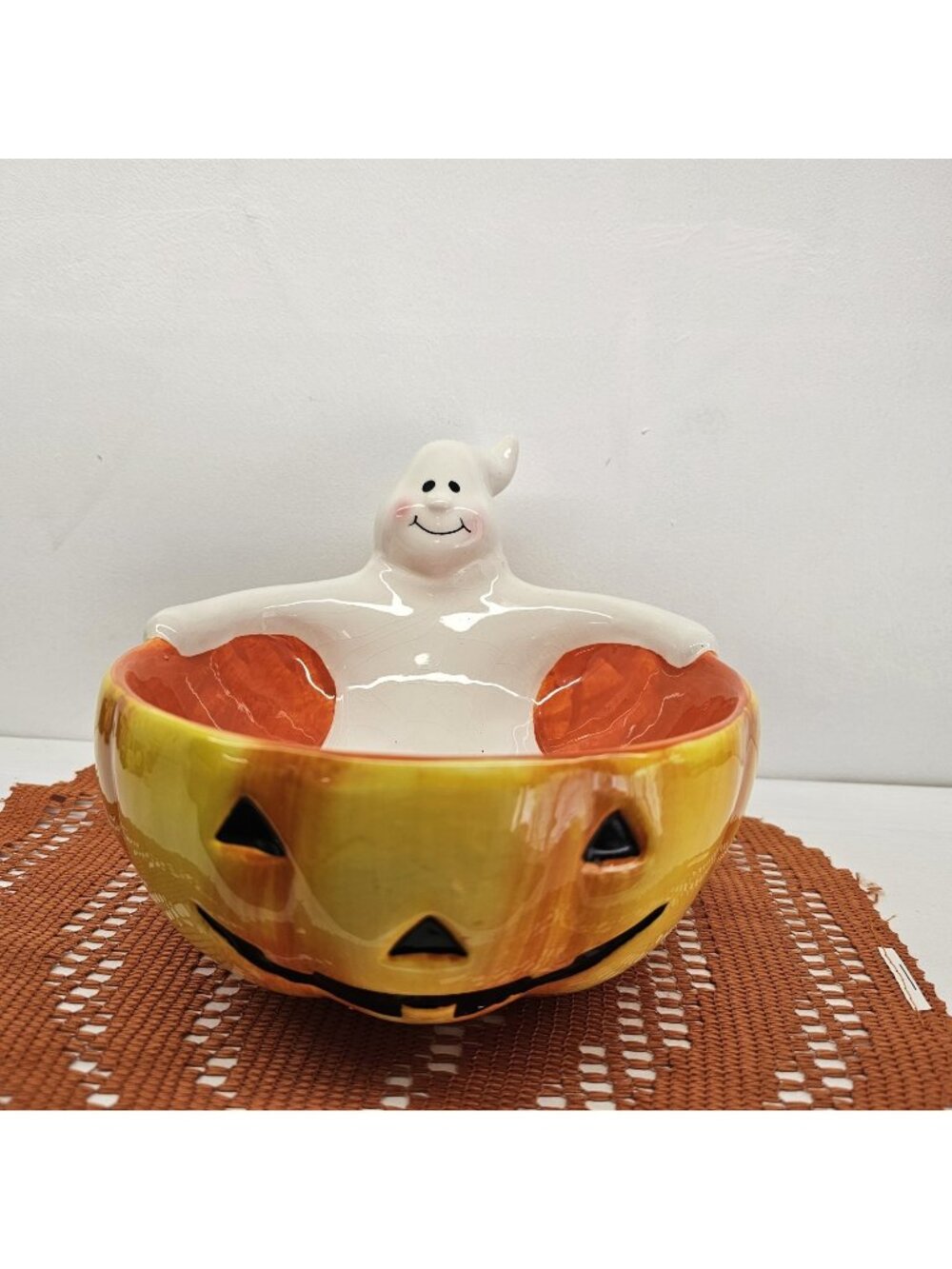 Vintage Halloween Ceramic Ghost Pumpkin Candy Dish Bowl XinHuaDa Ceramics